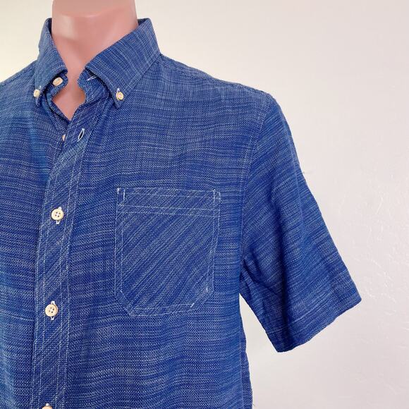 Rowm Top Cotton Short Sleeve Collared Button Down Shirt Denim Blue Men L NWT - Picture 3 of 11